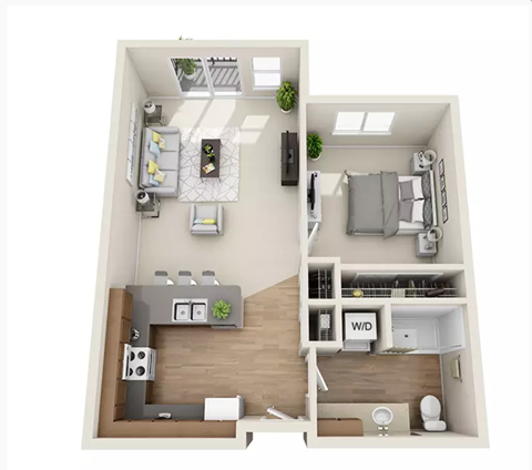 Floor plan for 1 bed, 1 bath, 700 sqft